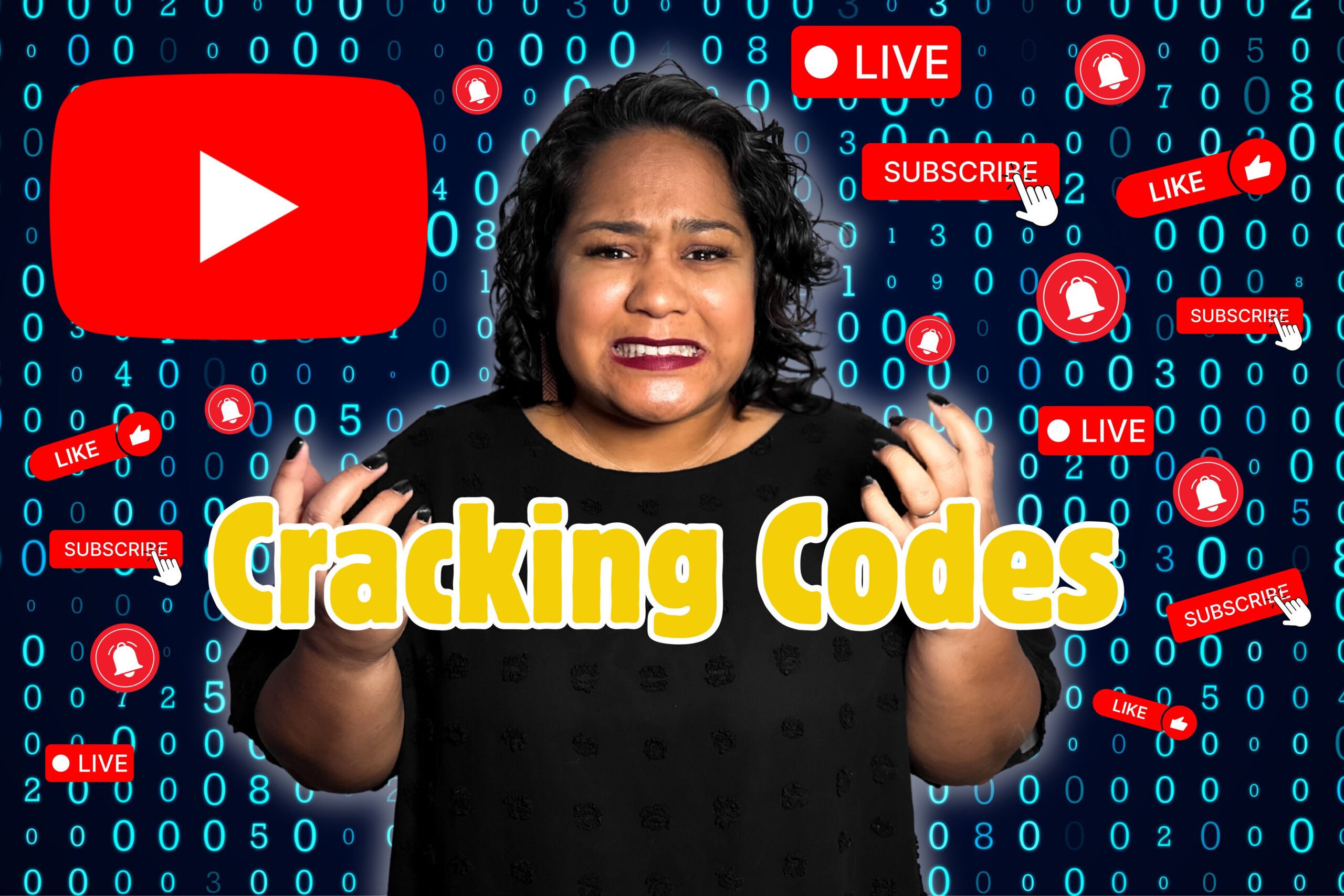 Native Hawaiian female frustrated surrounded by algorithm coding and YouTube icons: thumbs up, subscribe button, live icon. Text reading 'Cracking Codes'.