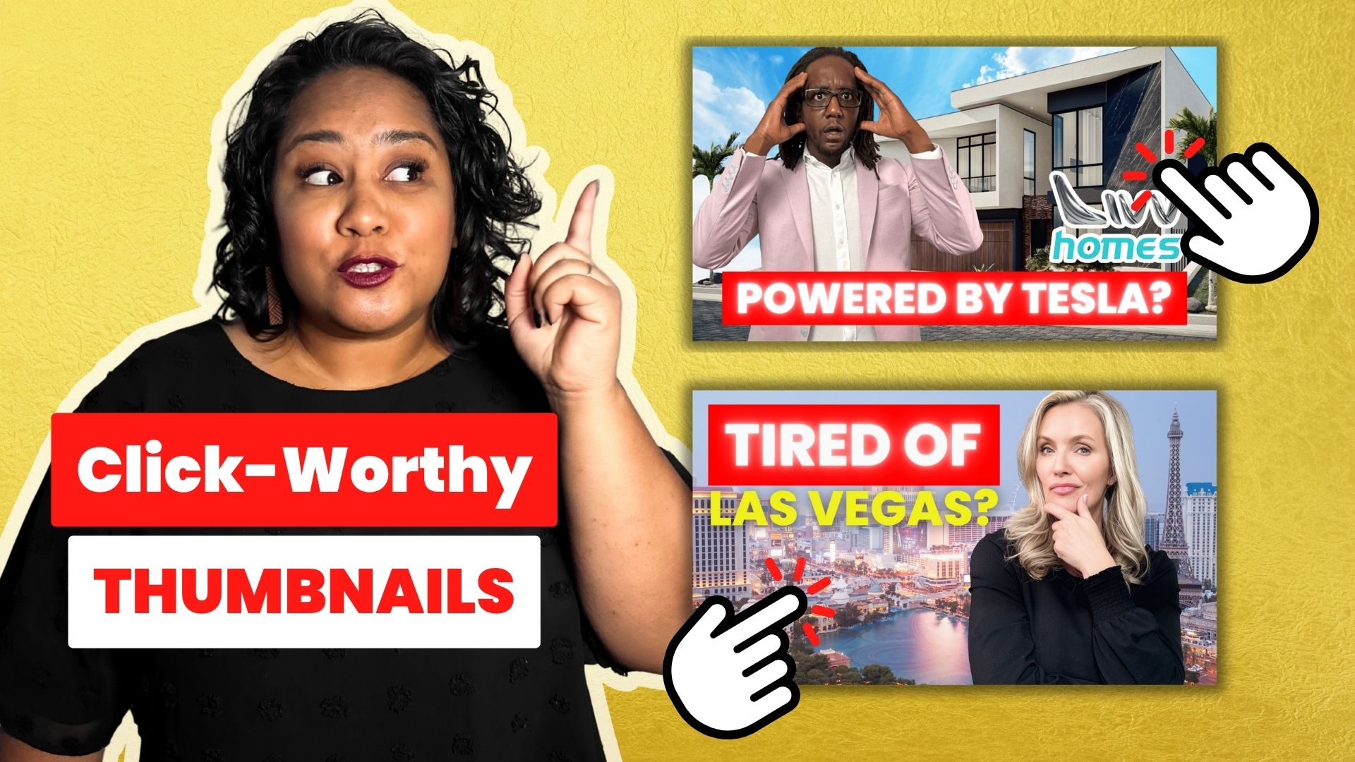 Red and white Click Worthy Thumbnail graphic. Native Hawaiian Woman with curly hair wearing black pointing to YouTube thumbnails. Two YouTube thumbnails to the right of female. Hand clicking icons clicking on Thumbnails.